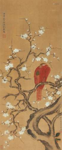 周练霞（1908—2000） 梅花鹦鹉 1954年作 绢本立轴