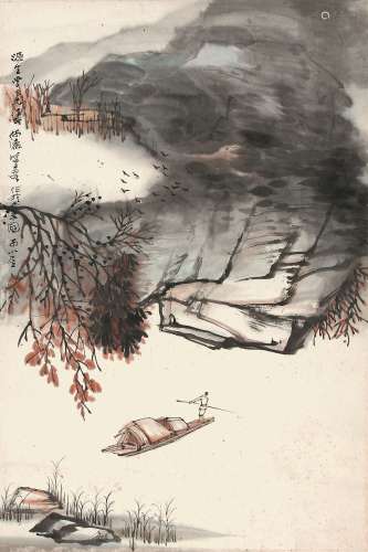 何海霞（1908-1998） 溪江泛舟  纸本镜片