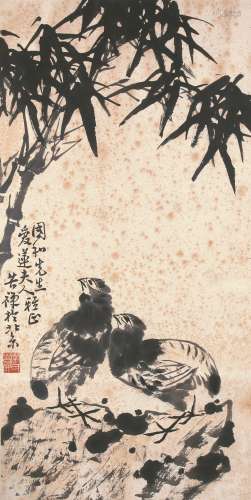 李苦禅（1899-1983） 竹报平安  纸本镜框