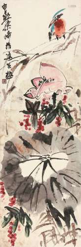 梁崎（1909-1996） 荷花小鸟  纸本立轴