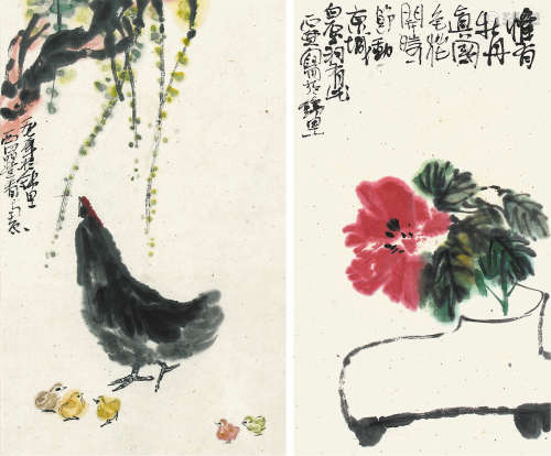 陈子庄（1913-1976） 花鸟对屏  纸本镜框
