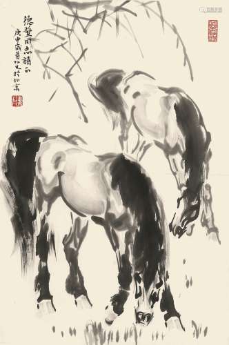 韦江凡（1922-） 树下双骏 1980年作 纸本镜片