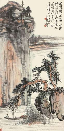 王震（1867－1938） 秋江行帆 1929年作 纸本立轴