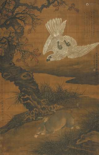 崔子忠（1594-1644） 鹰兔图  绢本立轴