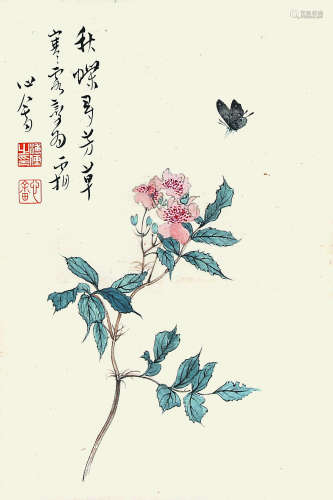 溥儒（1896-1963） 花蝶  纸本镜片