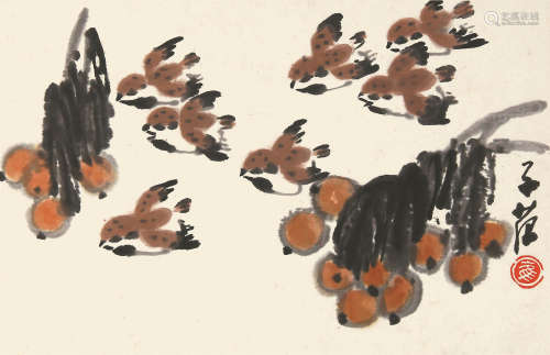 崔子范（1915－2011） 枇杷小鸟  纸本镜片