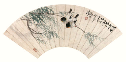 金梦石（1869-1952） 柳枝双雀  纸本镜框