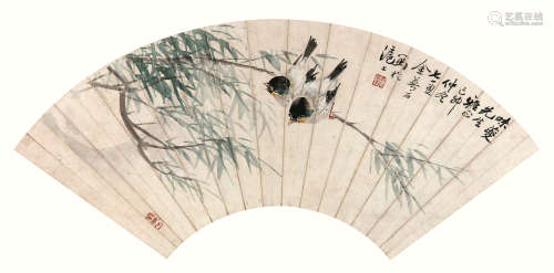 金梦石（1869-1952） 柳枝双雀  纸本镜框