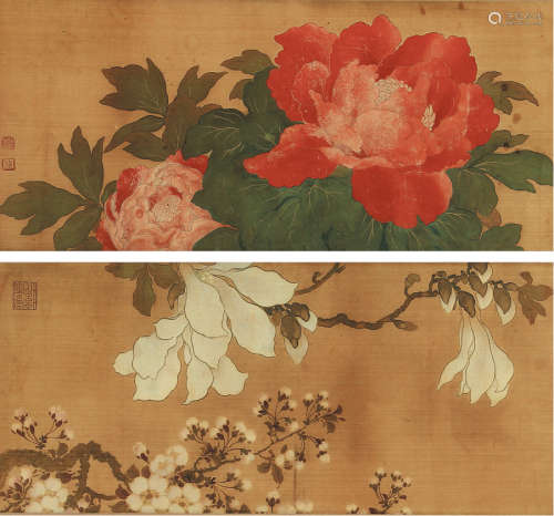 陶冷月（1895-1985） 花卉二帧  绢本镜片