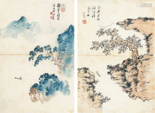 溥儒（1896-1963） 山水二帧  纸本软片