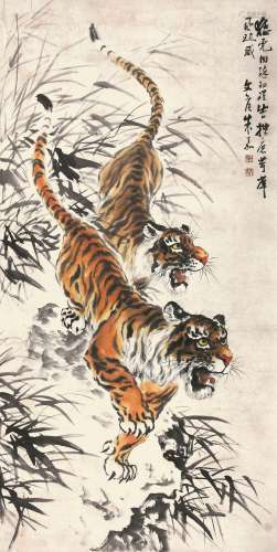 朱文候（1895-1961） 双虎  纸本立轴