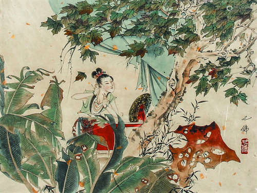 胡也佛（1908-1980） 枫林仕女  纸本镜框