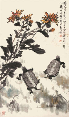 钱松喦（1899-1985） 菊寿  纸本立轴