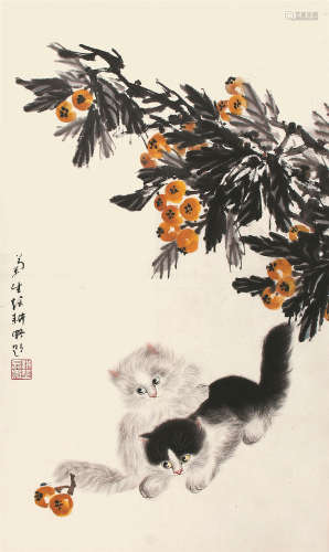 孙菊生 傅耕野（1913-，1923-2006） 猫趣  纸本立轴