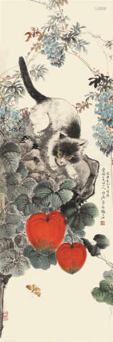 张大壮（1903-1980） 猫蝶图  纸本立轴