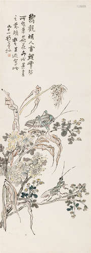 黄宾虹（1865～1955） 1954年作 花卉草虫 立轴 设色纸本