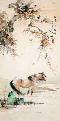 胡也佛（1908～1980） 秋江立马 镜片 设色纸本