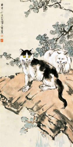 徐悲鸿（1895～1953） 1944年作 梧叶双猫 镜片 设色纸本