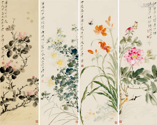 唐云（1910～1993） 1947年作 花卉草虫四季屏 屏轴 设色纸本