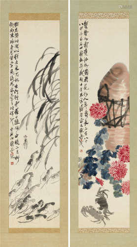 齐白石（1864～1957） 菊酒图并芦花虾戏图 对屏立轴 水墨纸本