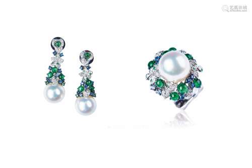 天然南洋海水珍珠配彩宝戒指、耳环套装