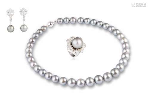 天然大溪地灰珍珠配18K白金钻石戒指、耳环、项链套装