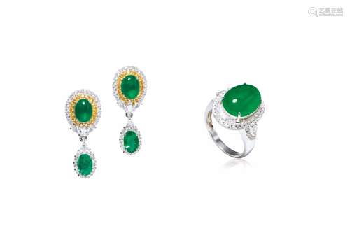 缅甸天然满绿翡翠蛋面配钻石戒指、祖母绿配翡翠蛋面钻石耳环套装