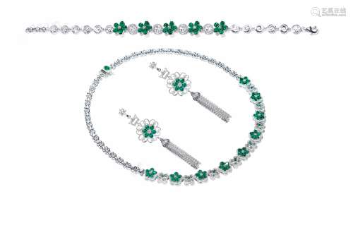 天然祖母绿配钻石“绿色花园”项链、耳环、手链套装