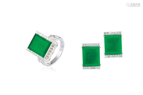 缅甸天然满绿翡翠配18K白金镶钻方形戒指、耳环套装