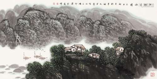 己丑（2009年）作 刘书民 江村溪雨图