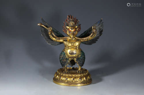 十八世纪：藏传鎏金加彩鹰首神像