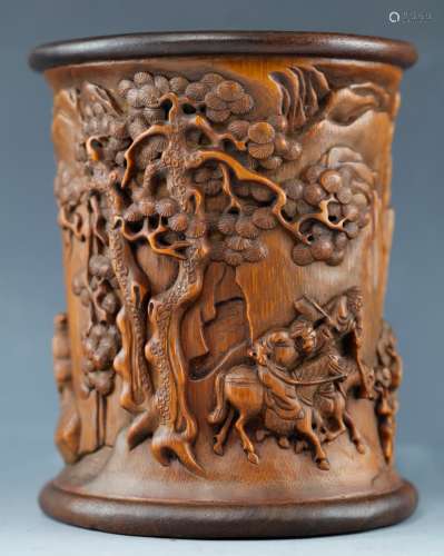 Bamboo brushpot, carved by Wang Du