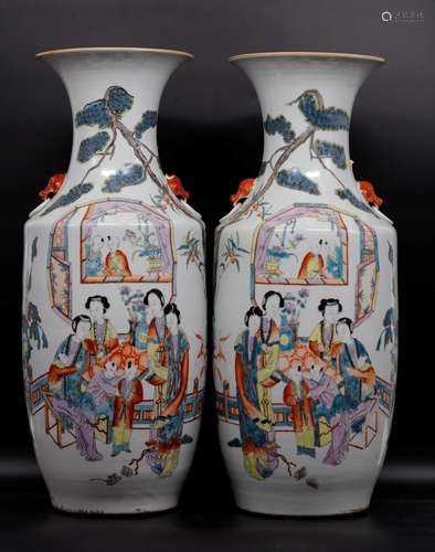 A pair of famille-rose lady painting vases