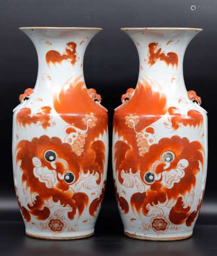 A pair of famille red lions big vases