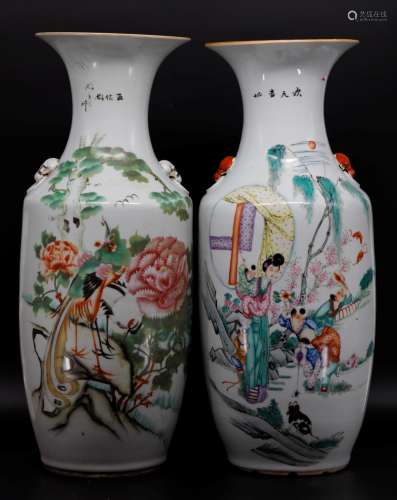Two famille-rose figures painting vases
