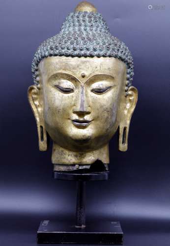 A Monumental Gilt Bronze Buddha Head 16th Century