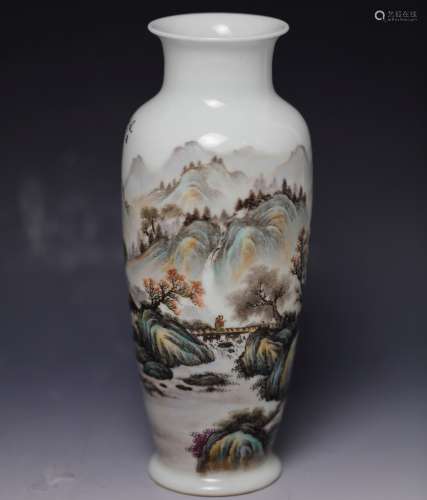 Famille-rose landscape porcelain vase with Zhang zhi