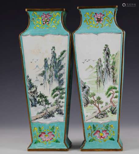 A pair of brass enamel square vases