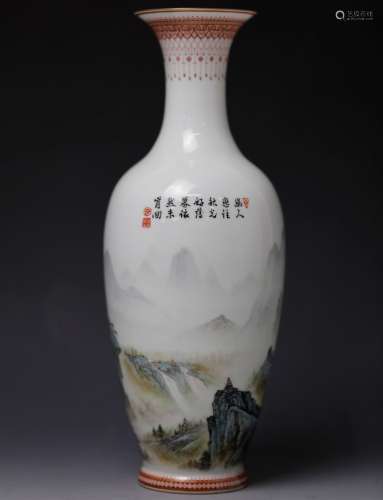 Famille-rose landscape porcelain vase