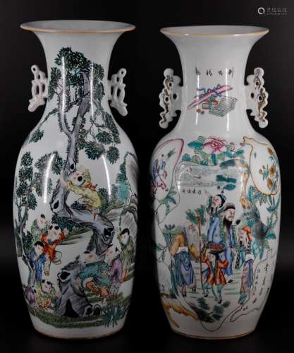 Two famille-rose figures and flower painting vases