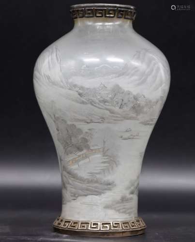 18th Century inside-painted glass vase with landscape.