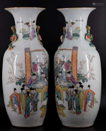 A pair of famille-rose figures painting vases