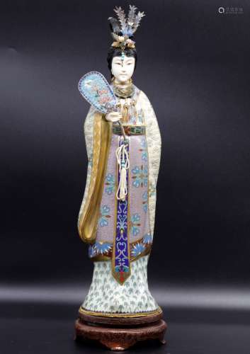 Finely made cloisonne lady statue holding a fan
