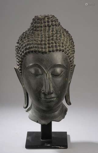 Tête de Bouddha à la beauté juvénile , l'expression sereine, les yeux mi-clos préconisant le regard à l'intérieur de soi, les lobes des oreilles allongés témoignage de sa noblesse , la coiffure bouclée surmontée de la protubérance crânienne ushnisha, symbole de sa connaissance .