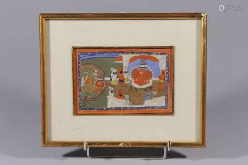 Miniature illustrant un grâma- Brahma, conseil rendant la justice animé de démons et personnages mythiques.