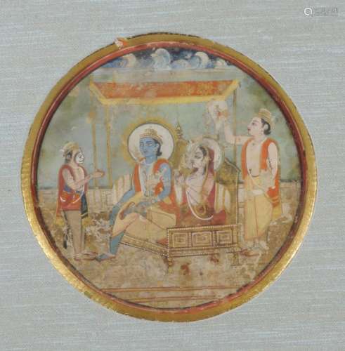 Miniature circulaire illustrant Krishna et Radha assis en délassement royal avec Hanuman les mains jointes en signe de dévotion.