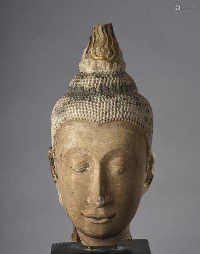 Importante tête de Buddha à la beauté juvénile , l'expression sereine, coiffée de fines bouclettes surmontée de la protubérance crânienne ushnisha terminé par un important rasmi flammé.