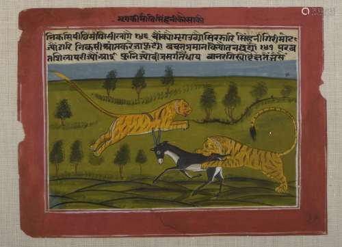 Miniature illustrant une scène de chasse de deux tigres capturant une antilope.