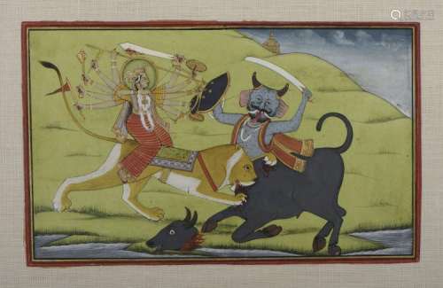 Miniature illustrant Mahishasuramardini tuant le démon buffle chevauchant son tigre sous une forme à 10 bras armés.