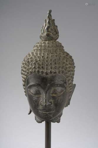 Tête de Buddha coiffée de fines bouclettes surmontée de la protubérance crânienne ushnisha d'où s'échappe un rasmi flammé symbole du départ de l'âme.